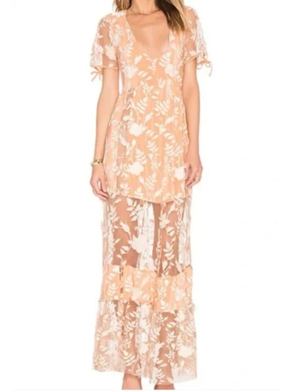 For Love & Lemons Mia Maxi Dress in Peach Floral Sheer Mesh Panels Size Medium - Picture 3 of 12